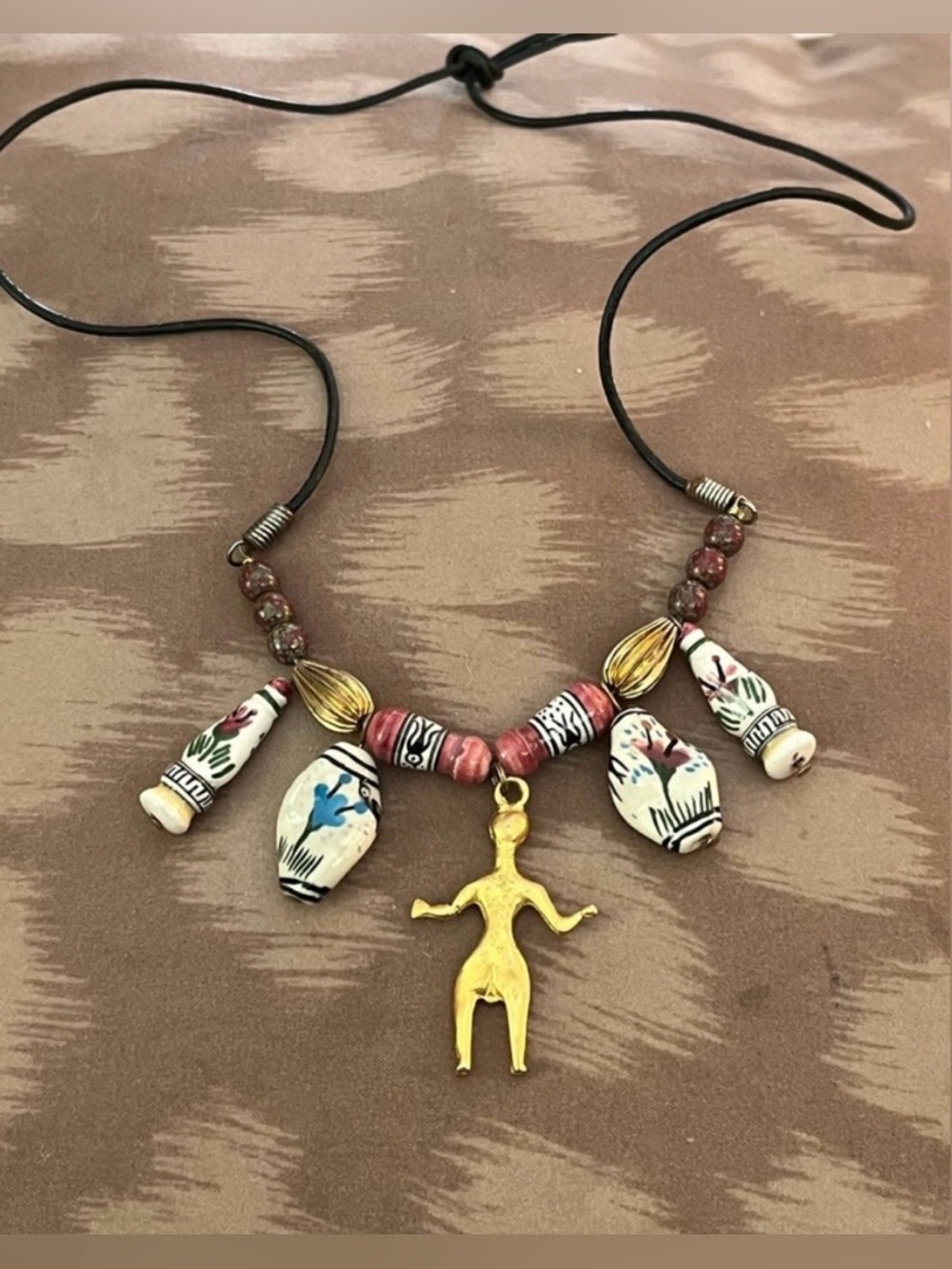 Boho Aztec Ceramic Bead Necklace with Gold Dancer Pendant - Multicolor. NWT.